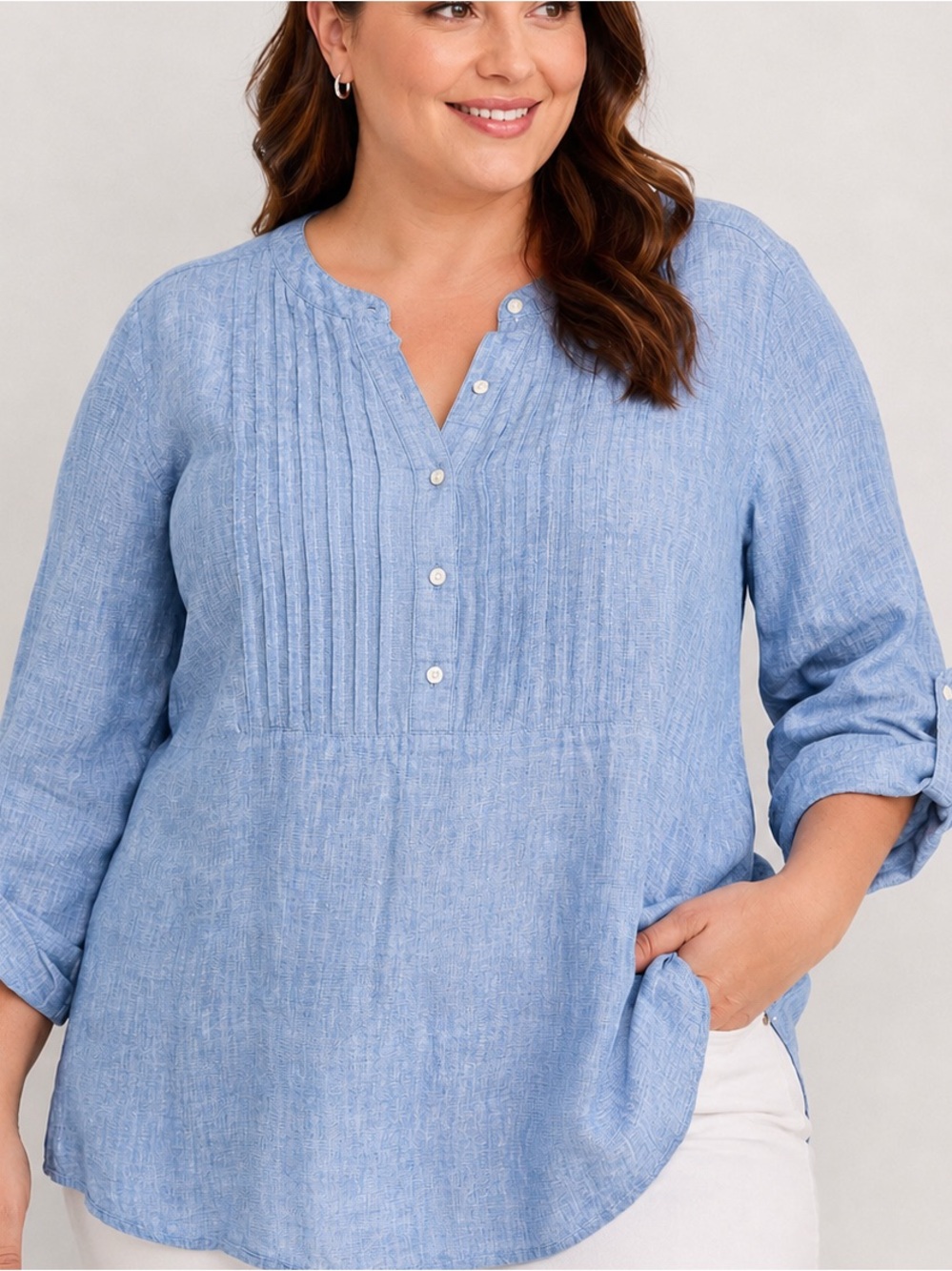 Lane Bryant Linen Blend Pintuck Tunic Top Blue Long Sleeve Plus 18/20